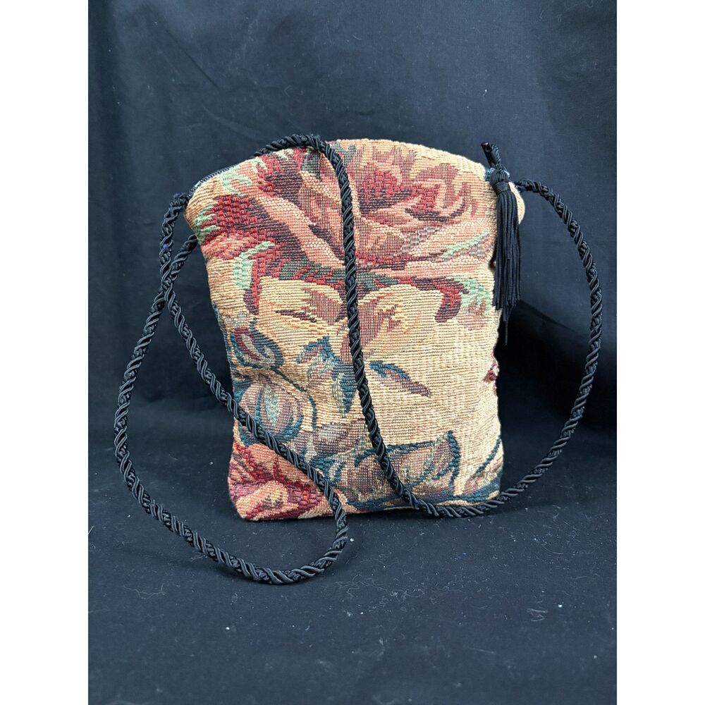J.Conn Vintage Floral Tapestry Crossbody Bag Tassel Zipper Boho Pouch Small
